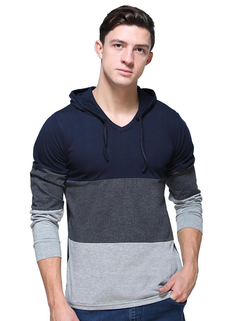navy blue color block hooded t-shirt - 16571615 - Zoom Image - 1