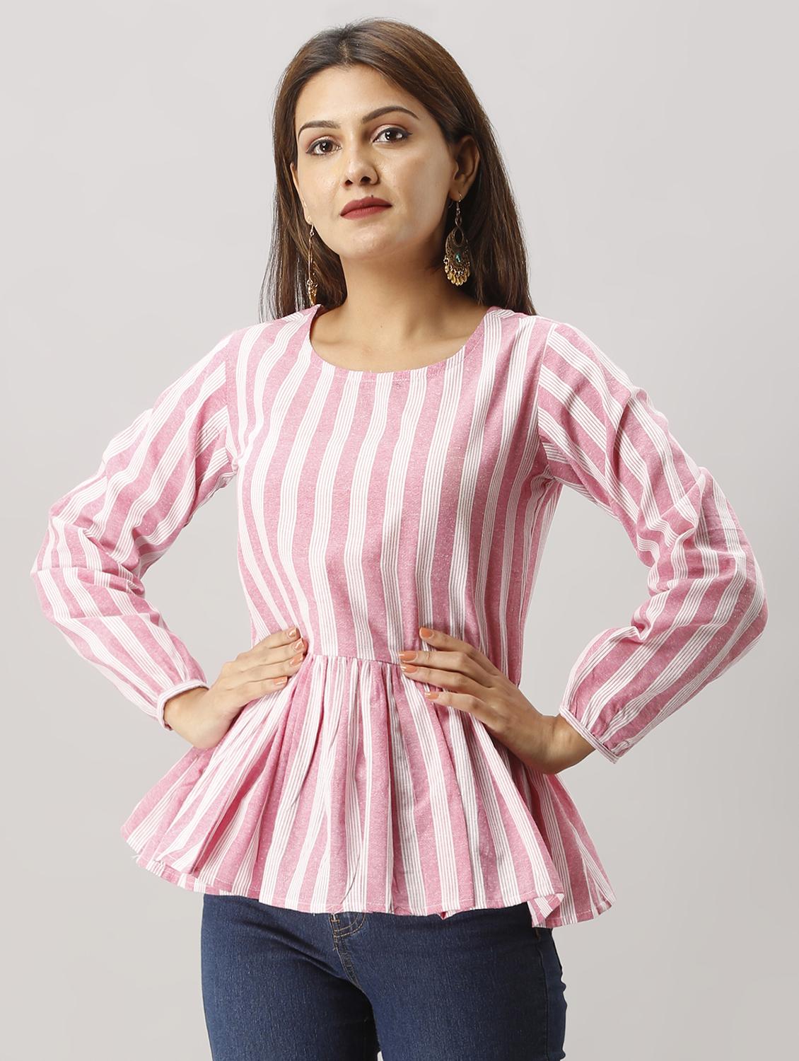 gathered hem striped top - 16573284 - Zoom Image - 1