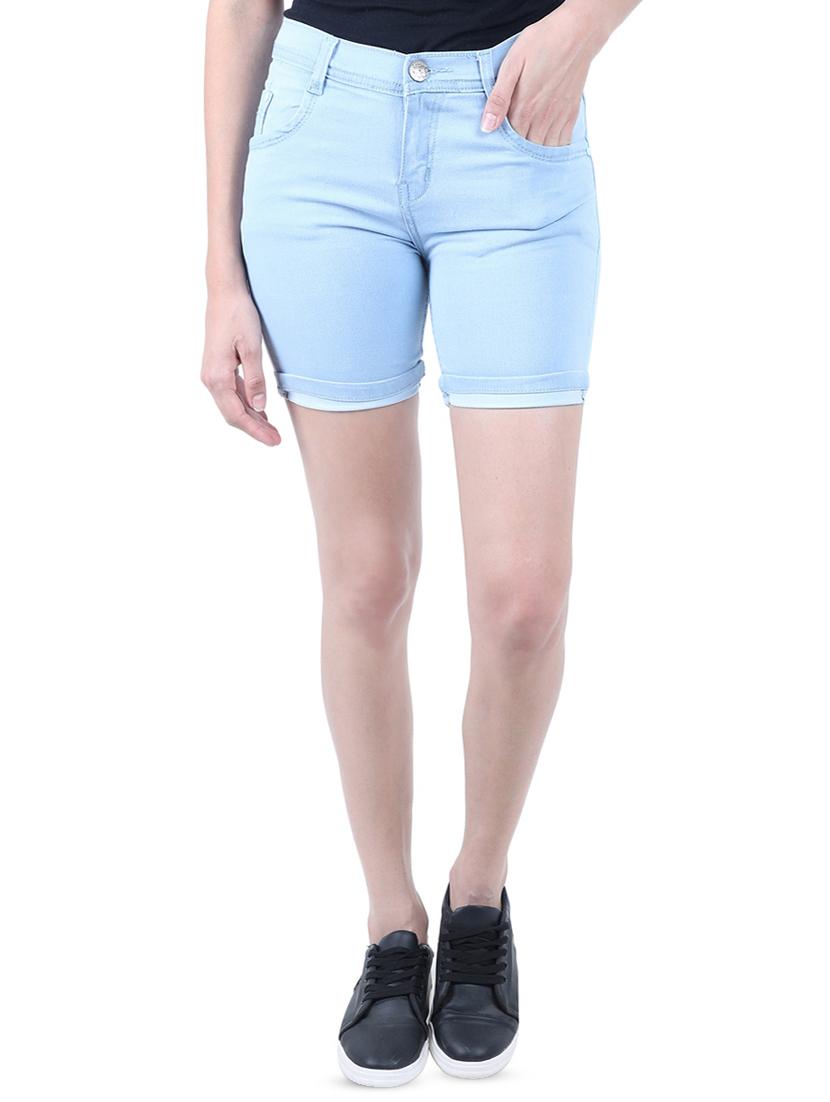 high rise solid denim shorts - 16576517 - Zoom Image - 1