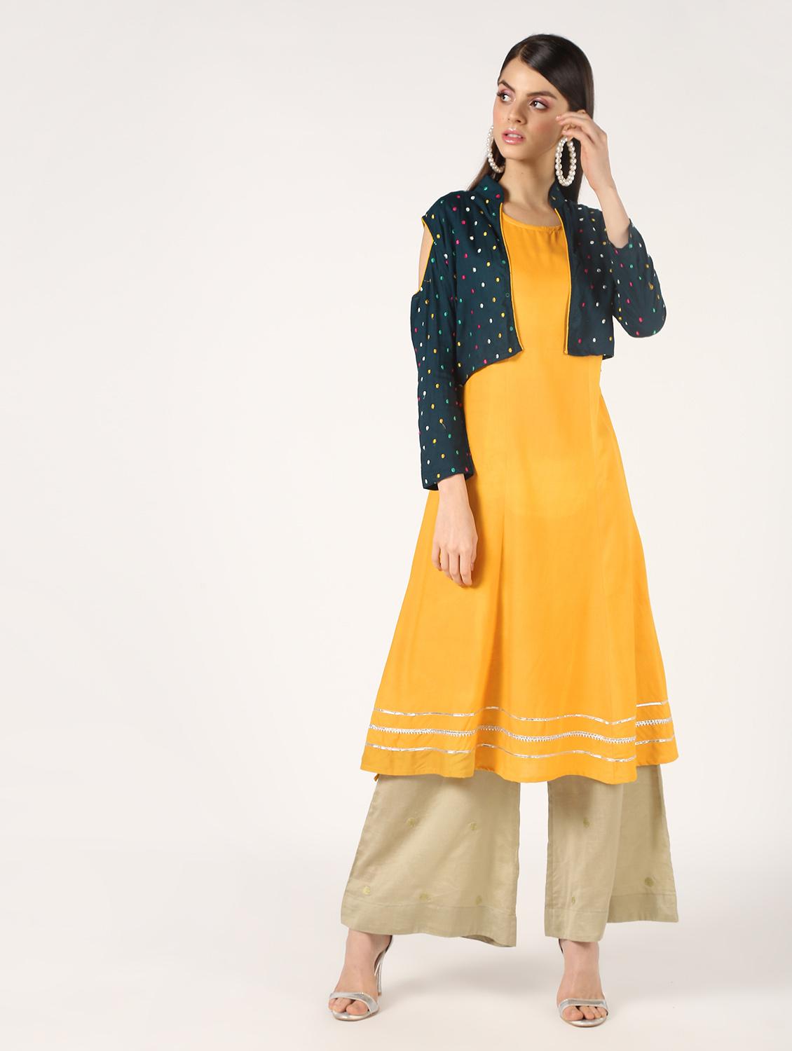 gota patti solid flared kurta with embroidered jacket - 16577679 - Zoom Image - 1