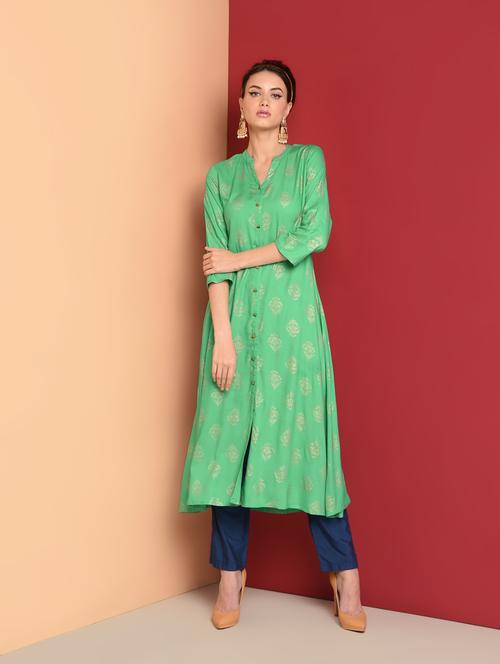 gold print a-line kurta - 16577923 - Standard Image - 1
