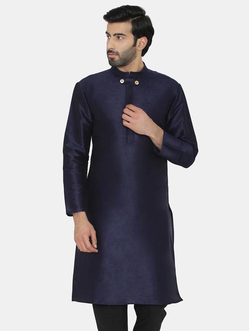 navy blue silk blend solid long kurta - 16578000 - Standard Image - 1
