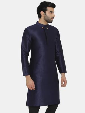 navy blue silk blend solid long kurta - 16578000 - Standard Image - 2