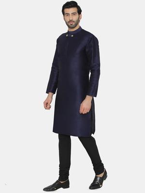 navy blue silk blend solid long kurta - 16578000 - Standard Image - 4