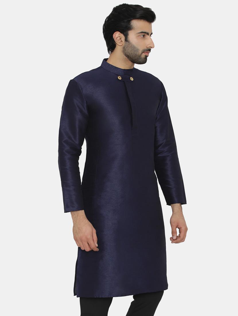 navy blue silk blend solid long kurta - 16578000 - Zoom Image - 2