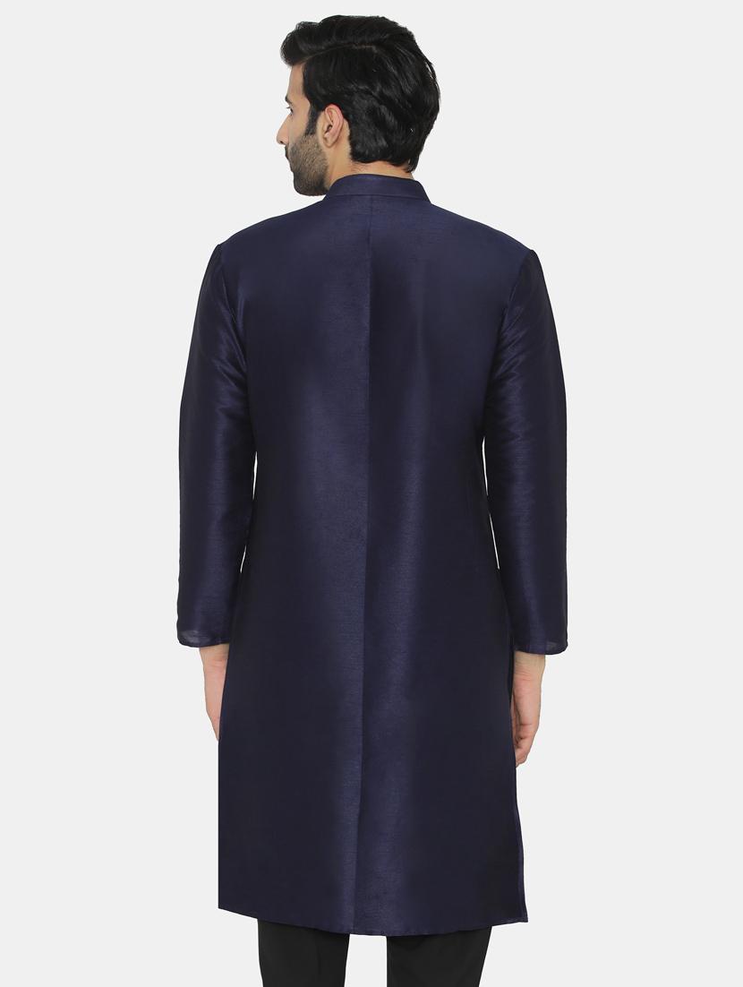 navy blue silk blend solid long kurta - 16578000 - Zoom Image - 3
