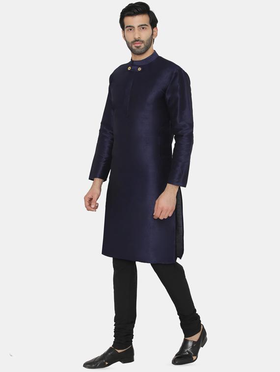 navy blue silk blend solid long kurta - 16578000 - Zoom Image - 4