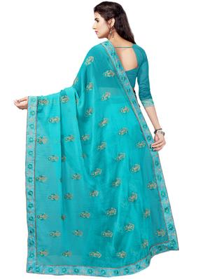 turquoise chiffon embroidered saree with blouse - 16579421 - Standard Image - 2