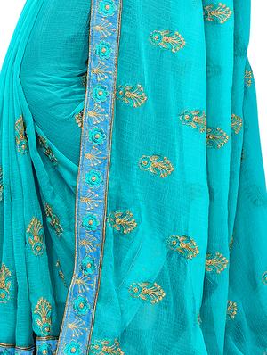 turquoise chiffon embroidered saree with blouse - 16579421 - Standard Image - 3