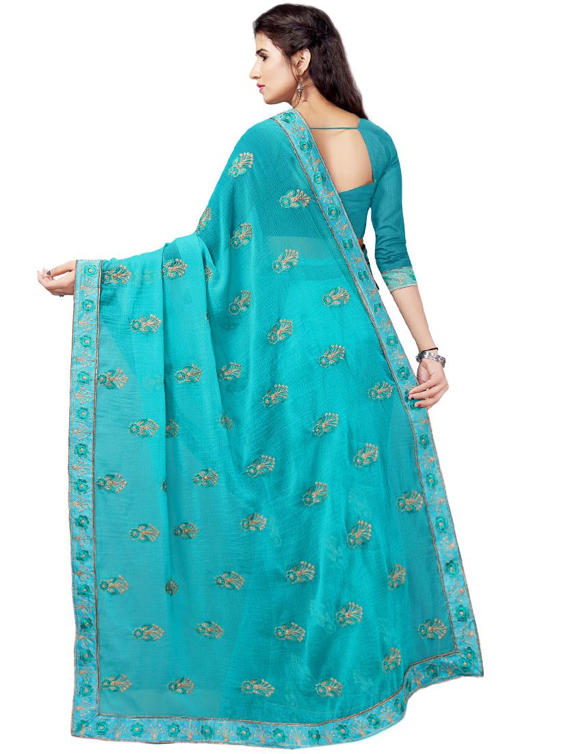 turquoise chiffon embroidered saree with blouse - 16579421 - Zoom Image - 2
