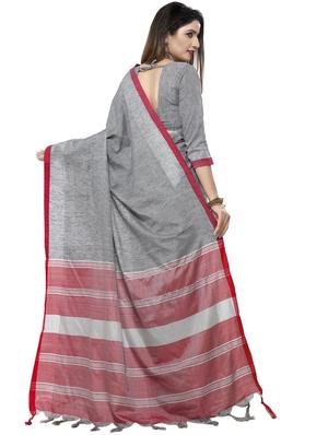 grey linen plain saree with blouse - 16579455 - Standard Image - 2