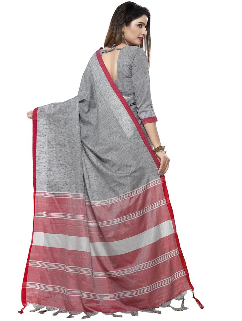 grey linen plain saree with blouse - 16579455 - Zoom Image - 2