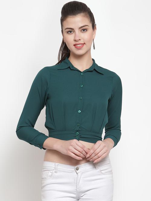 button up solid crop top - 16580754 - Standard Image - 1