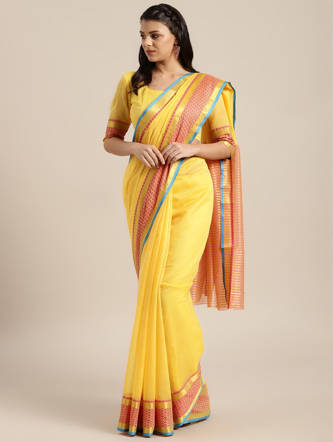 solid with bordered saree with blouse - 16582074 - Zoom Image - 1