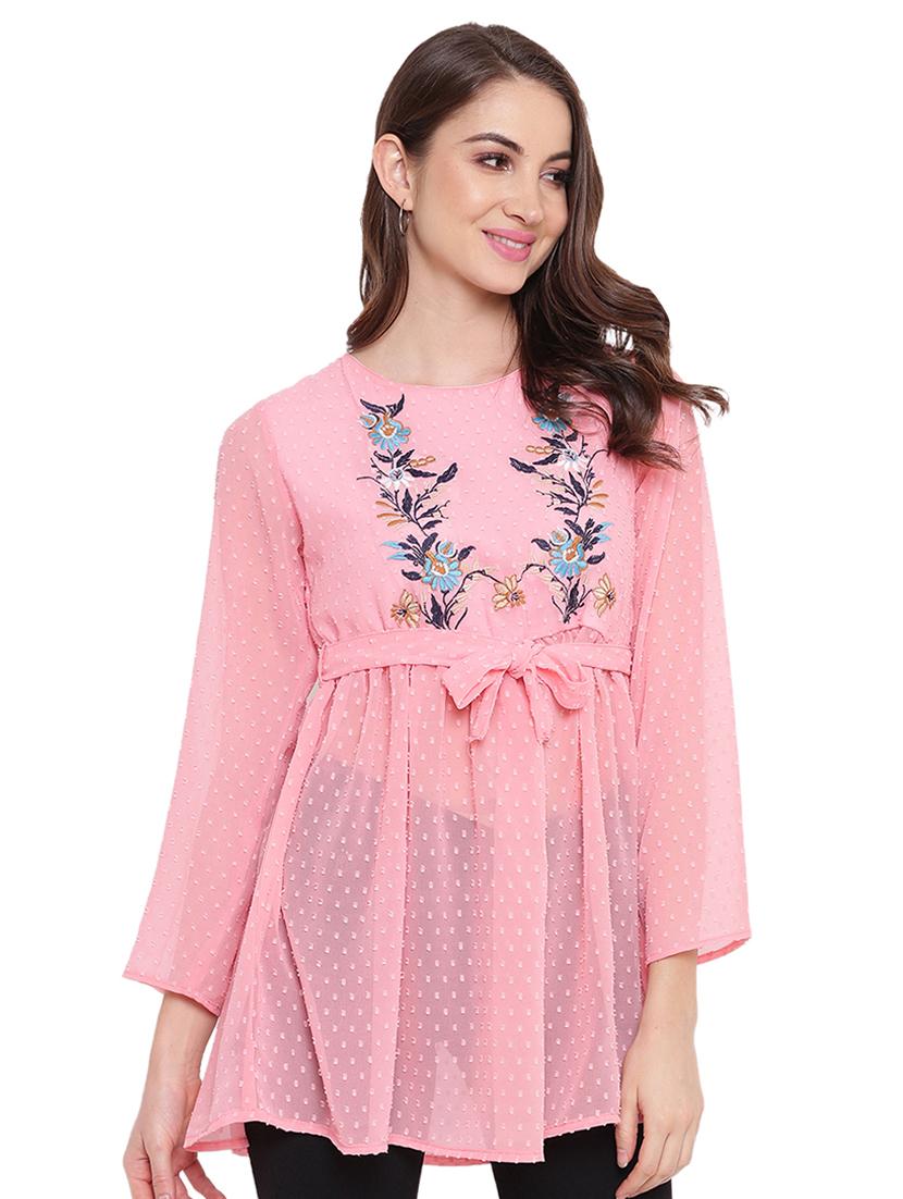 tie knot floral embroidered dobby top - 16584716 - Zoom Image - 1