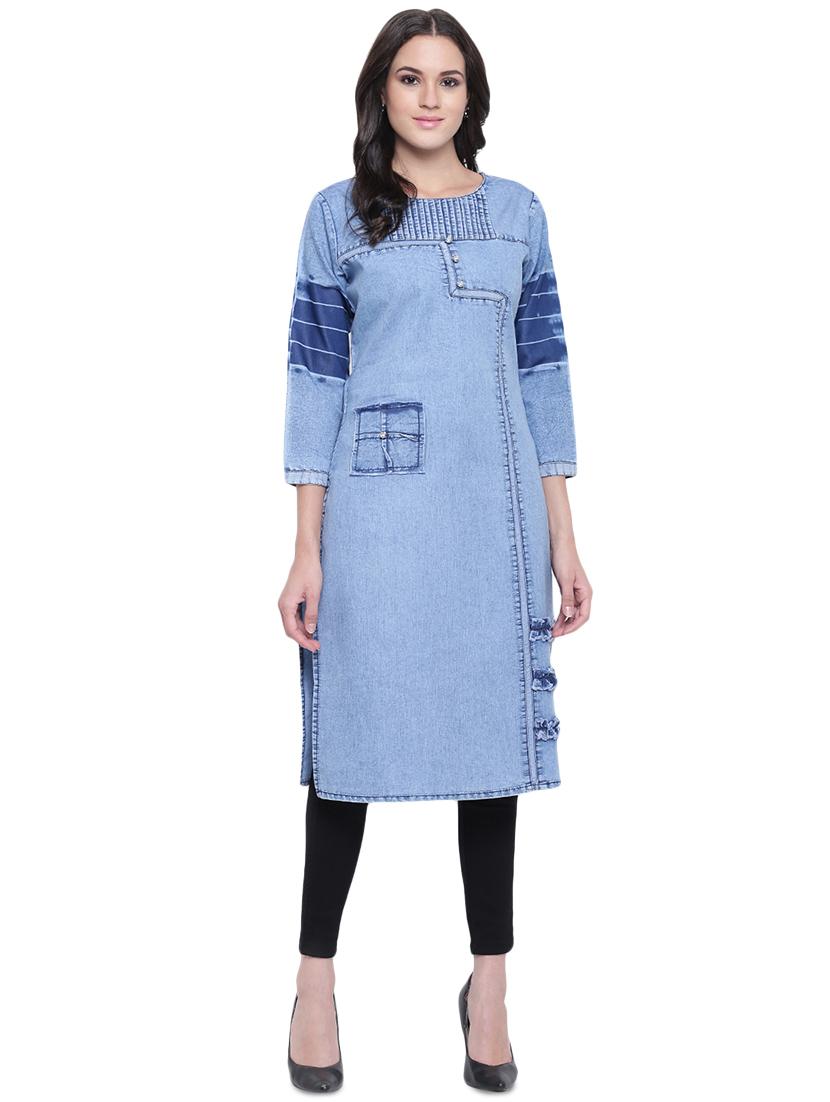 denim straight kurta - 16586021 - Zoom Image - 1