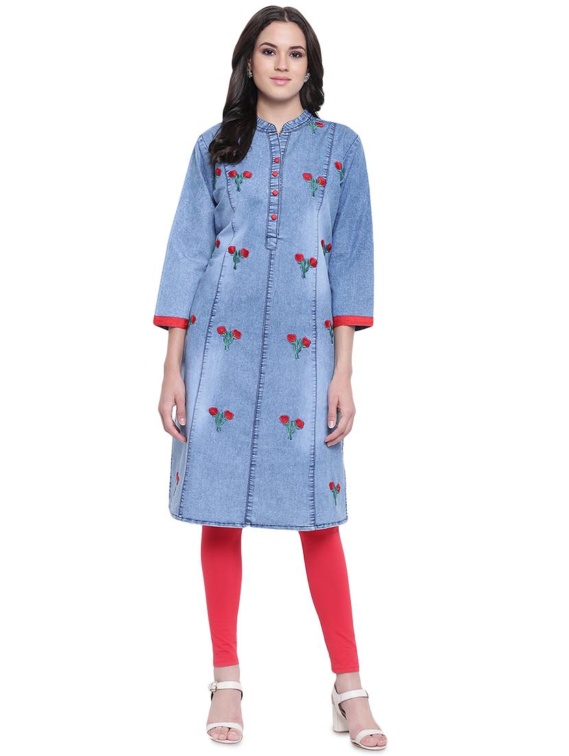 denim straight kurta - 16586022 - Zoom Image - 1