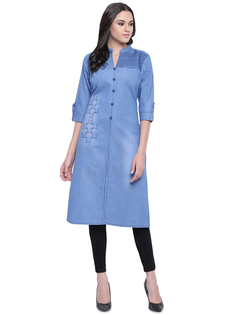 denim straight kurta - 16586023 - Zoom Image - 1