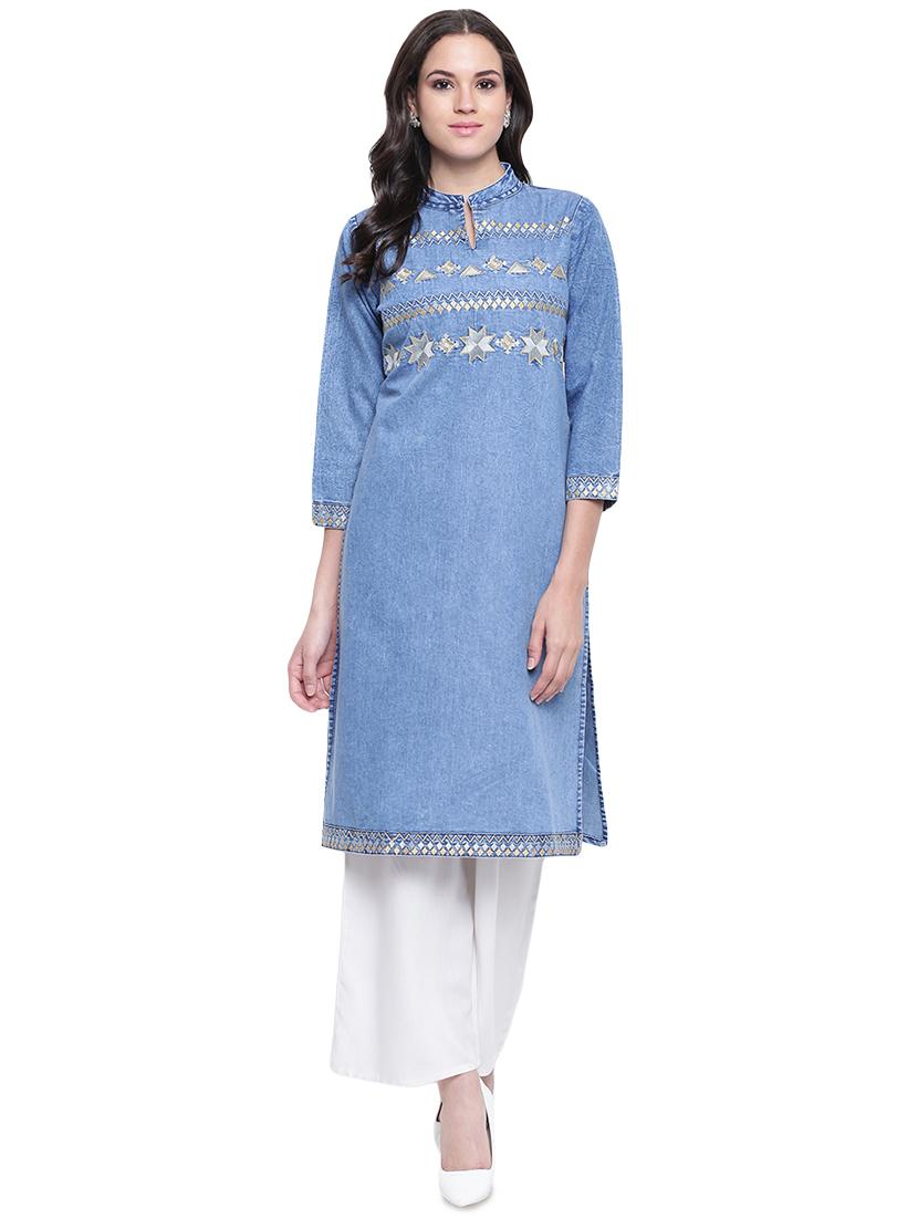 denim straight kurta - 16586025 - Zoom Image - 1