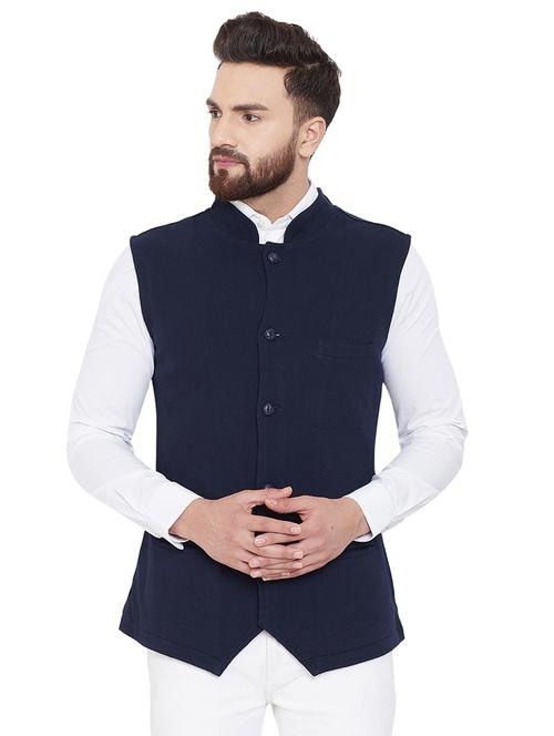navy blue solid nehru jacket - 16586266 - Standard Image - 1