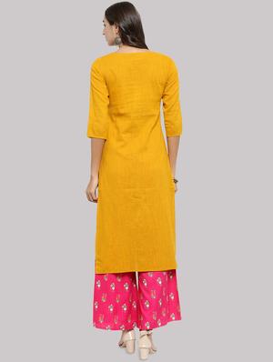 mustard buttoned straight kurta - 16587066 - Standard Image - 3