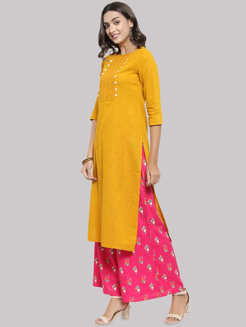 mustard buttoned straight kurta - 16587066 - Zoom Image - 2