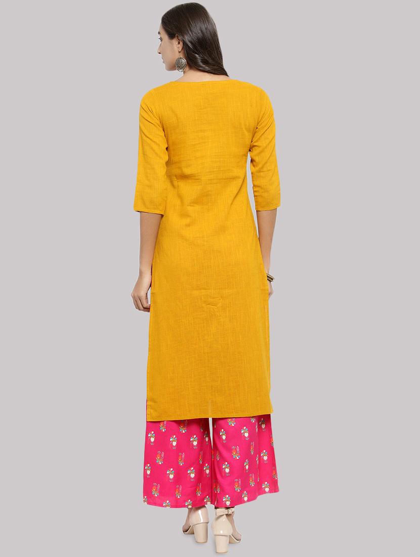 mustard buttoned straight kurta - 16587066 - Zoom Image - 3