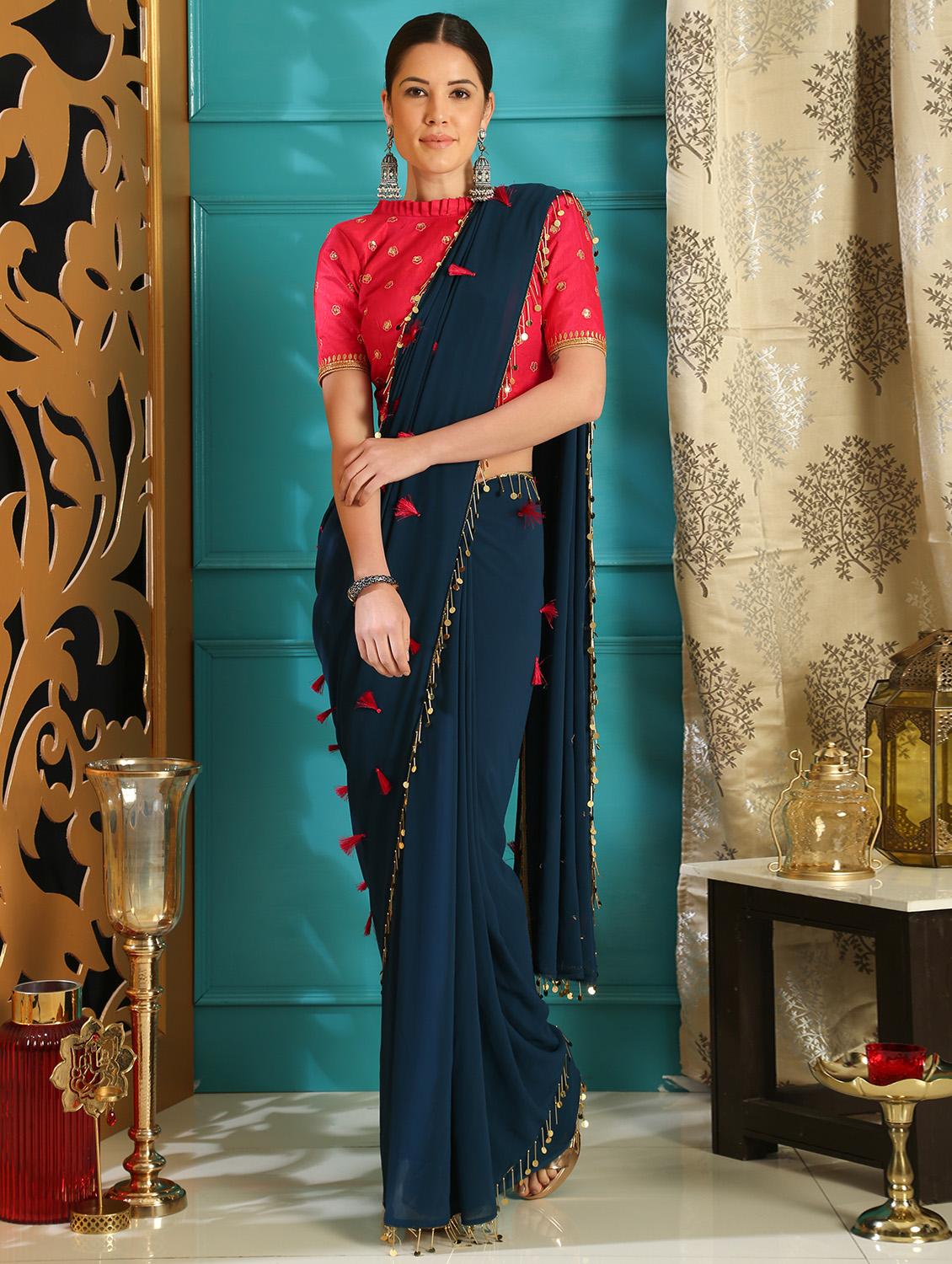 solid embroidered saree with blouse - 16588096 - Zoom Image - 1