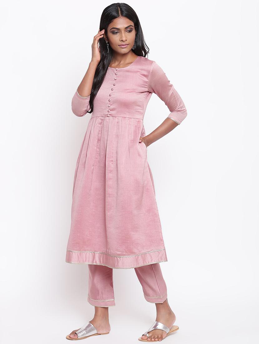 solid chanderi flared kurta - 16589567 - Zoom Image - 1