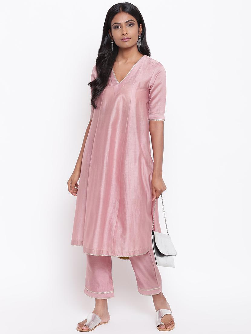 solid chanderi flared kurta - 16589571 - Zoom Image - 1