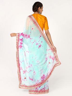 turquoise chiffon tie & dye saree with blouse - 16593697 - Standard Image - 2