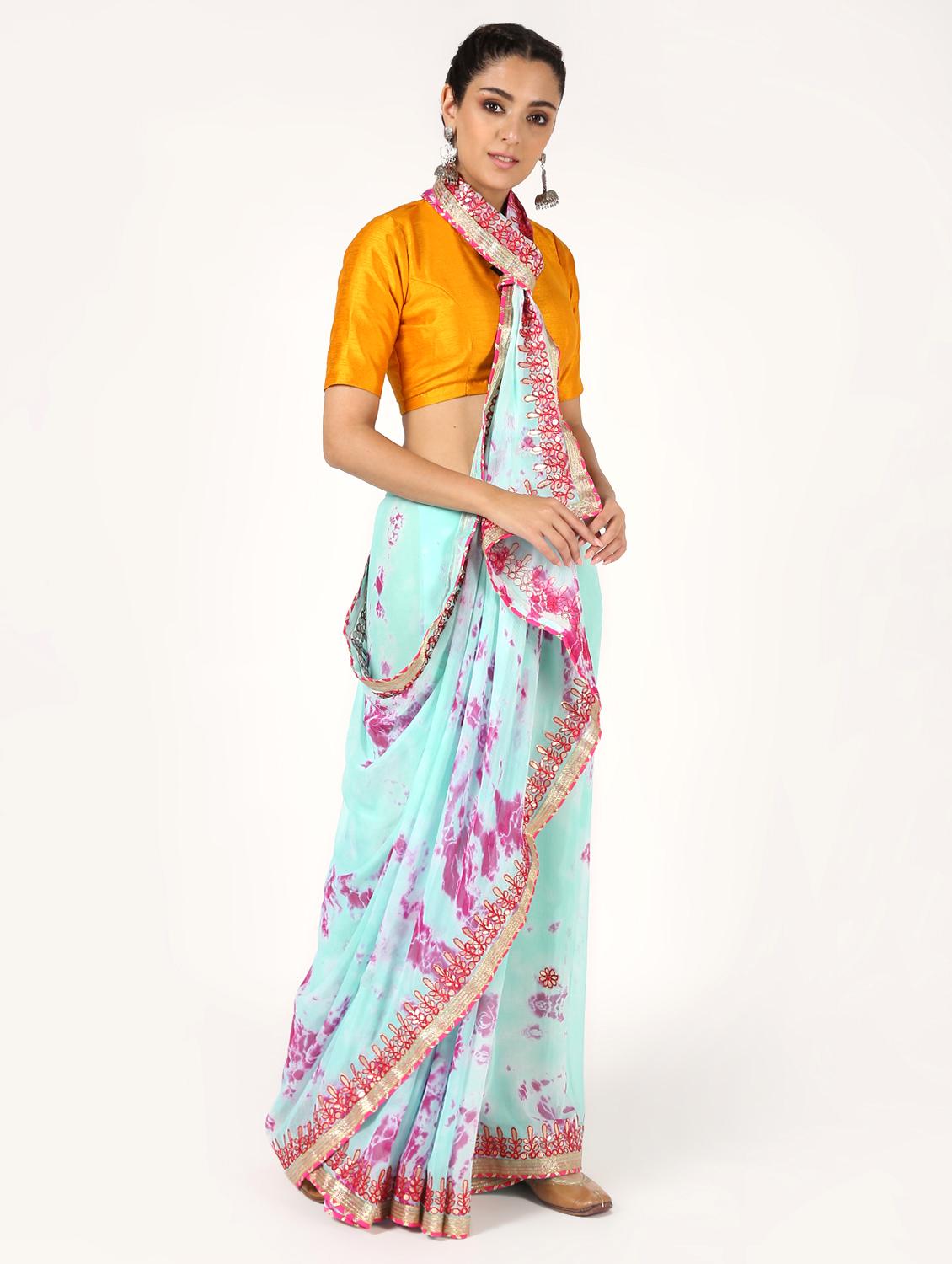 turquoise chiffon tie & dye saree with blouse - 16593697 - Zoom Image - 1