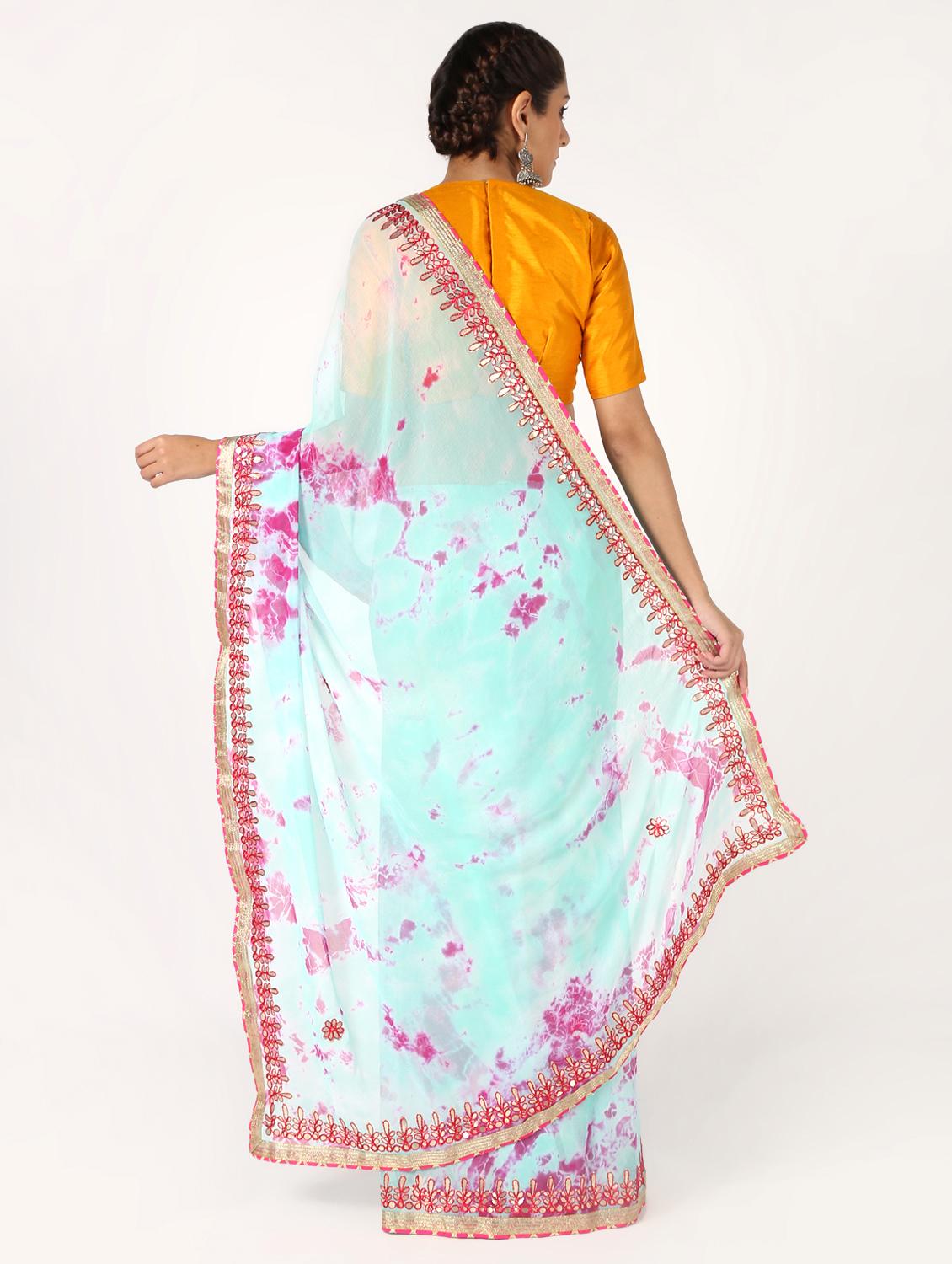turquoise chiffon tie & dye saree with blouse - 16593697 - Zoom Image - 2