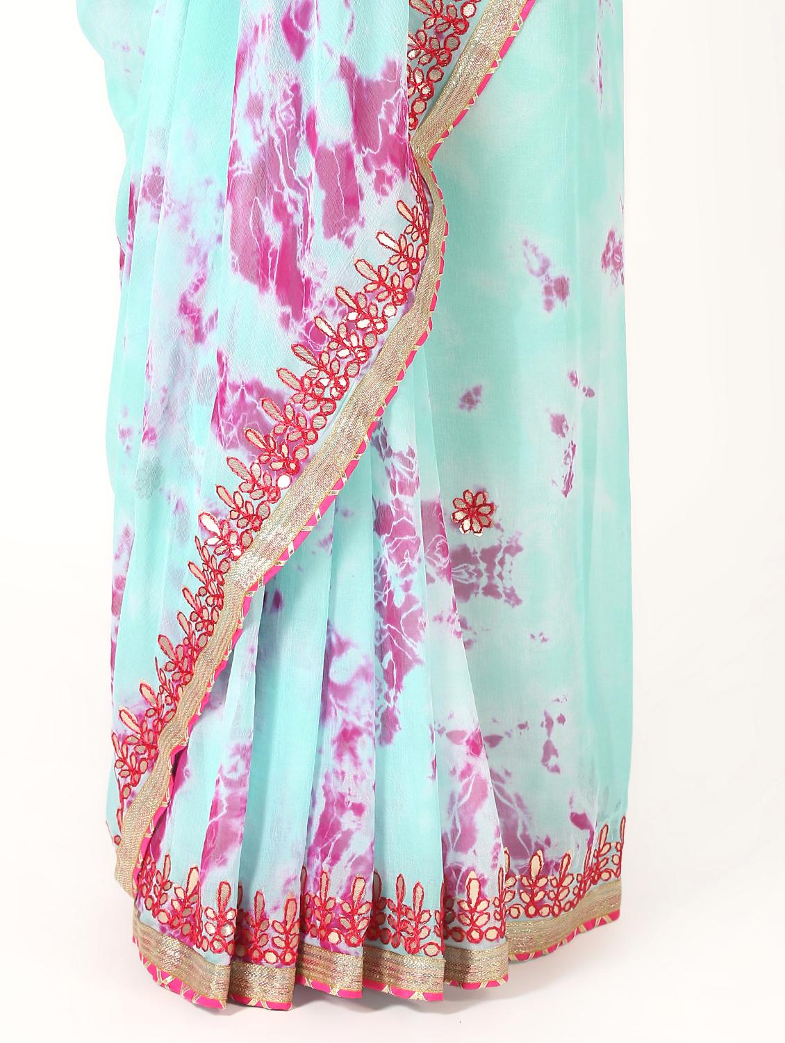 turquoise chiffon tie & dye saree with blouse - 16593697 - Zoom Image - 3