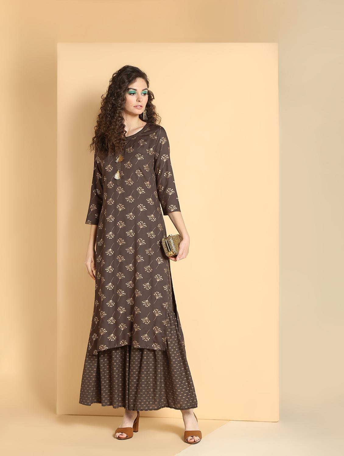 brown rayon kurta palazzo set - 16598531 - Zoom Image - 1