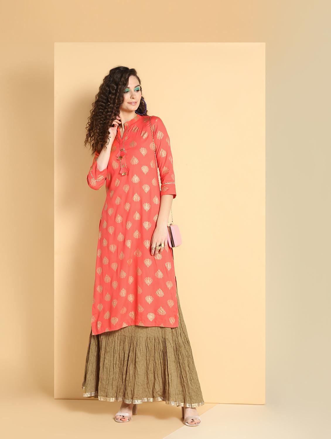 gold print kurta skirt set - 16598539 - Zoom Image - 1