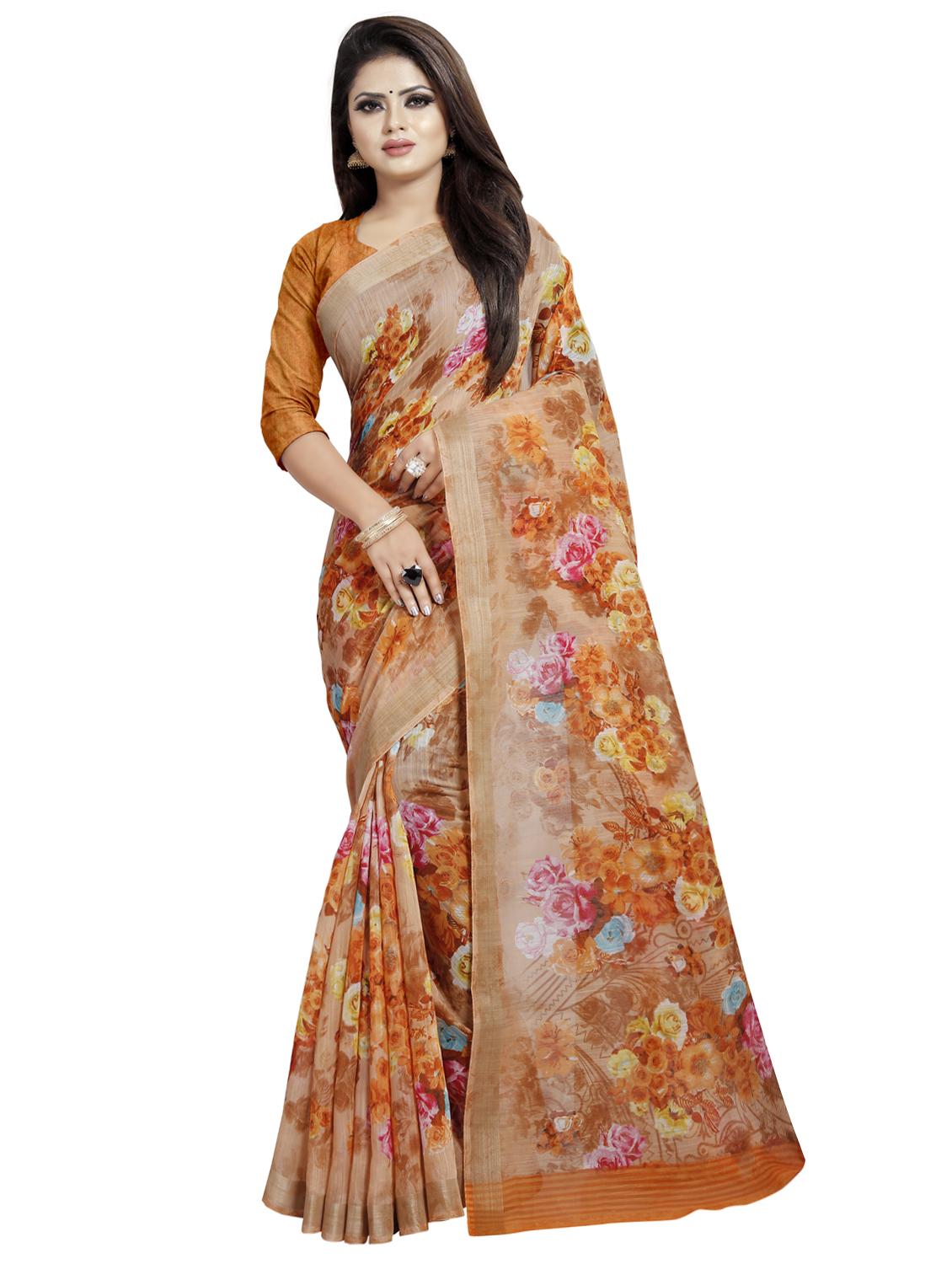 orange cotton blend bhagalpuri saree with blouse - 16598789 - Zoom Image - 1
