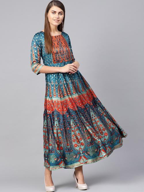 teal satin kalidar ethnic dress - 16599585 - Standard Image - 1