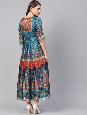 teal satin kalidar ethnic dress - 16599585 - Standard Image - 3