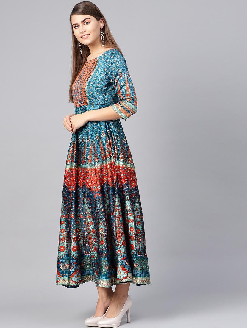 teal satin kalidar ethnic dress - 16599585 - Zoom Image - 2