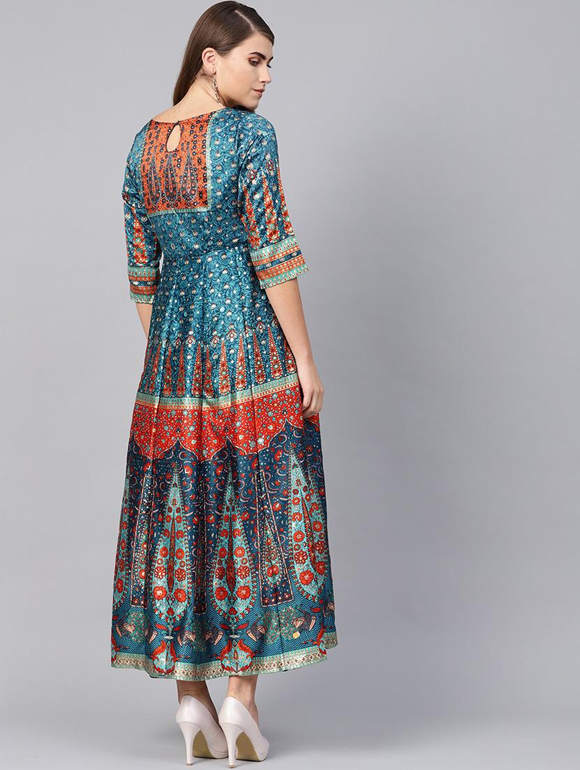 teal satin kalidar ethnic dress - 16599585 - Zoom Image - 3