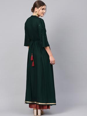 embellished front slit kurta with foil print flared palazzo - 16599620 - Standard Image - 3