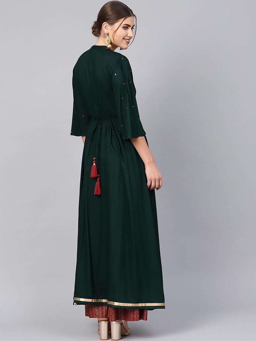 embellished front slit kurta with foil print flared palazzo - 16599620 - Zoom Image - 3