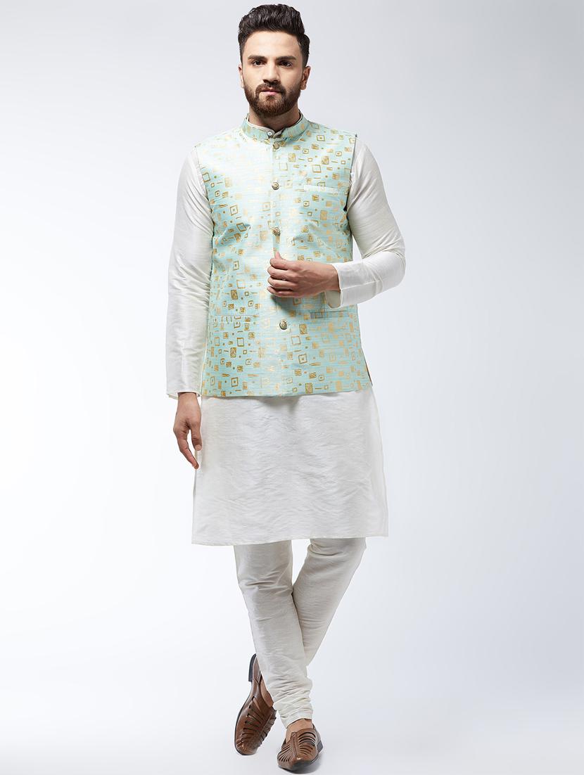 white solid kurta pyjama set with nehru jacket - 16599716 - Zoom Image - 1