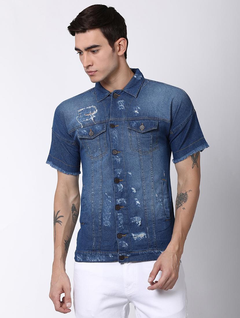 blue faded ripped denim casual shirt - 16600905 - Zoom Image - 1
