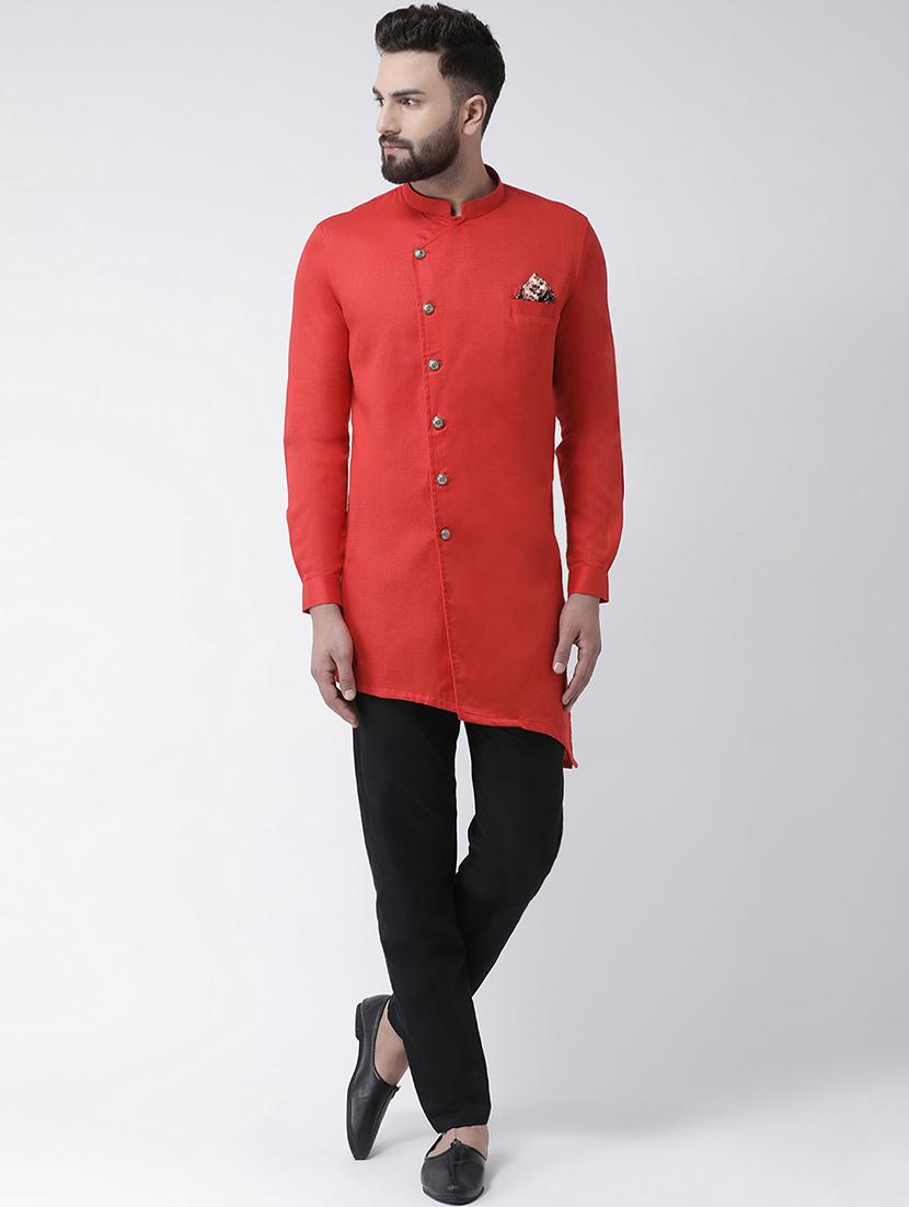 red solid asymmetric kurta pyjama set - 16603656 - Zoom Image - 1