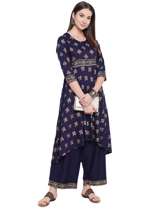 block printed high-low kurta with palazzo set - 16603744 - Standard Image - 1