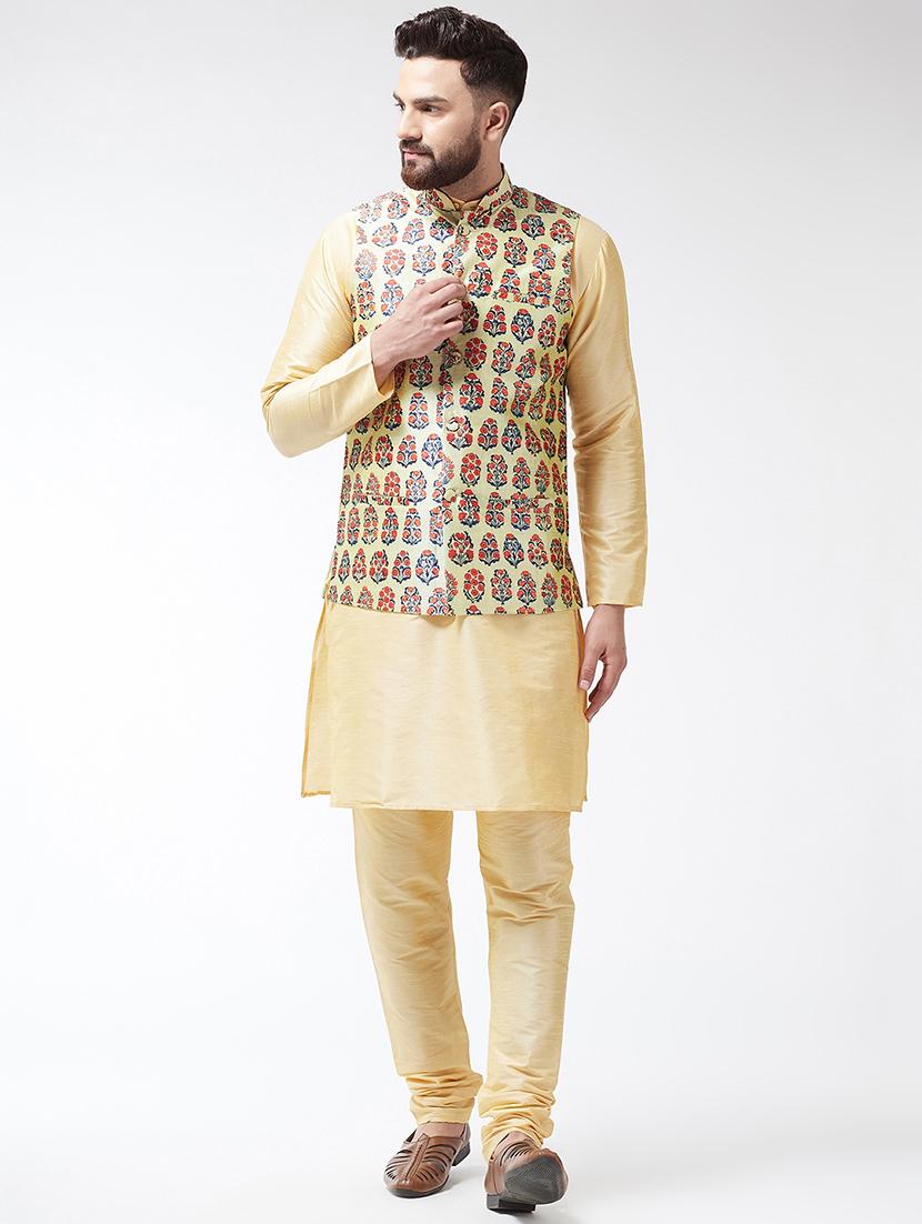 gold solid kurta pyjama set with nehru jacket - 16604058 - Zoom Image - 1