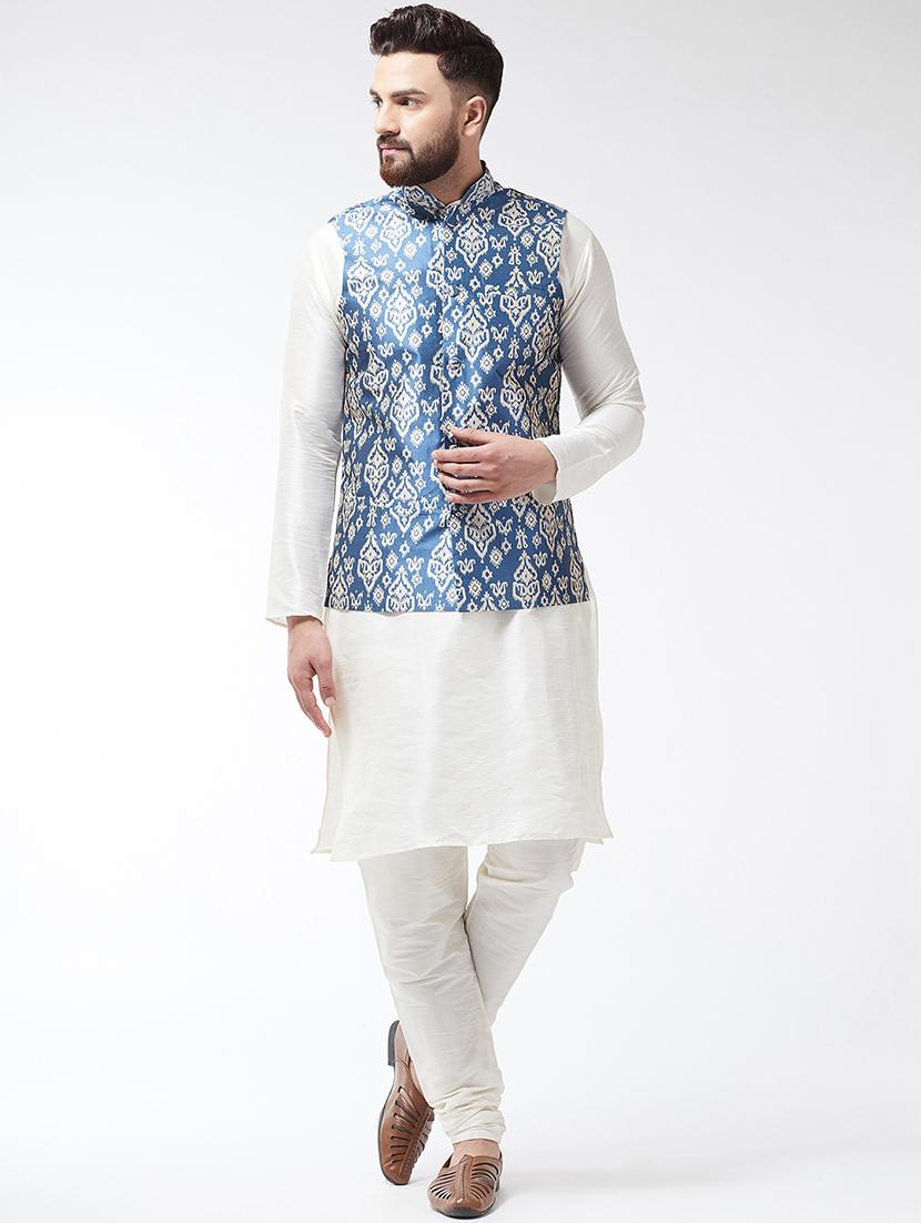 white silk blend kurta pyjama set with blue printed nehru jacket - 16604081 - Zoom Image - 1