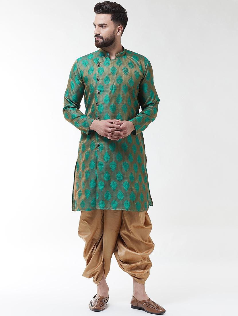 green silk blend jacquard dhoti kurta set - 16604113 - Zoom Image - 1